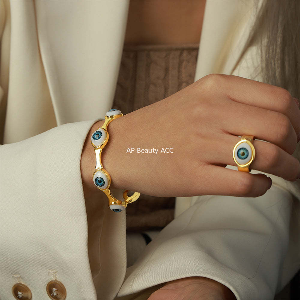 B廠-跨境嘻哈風女式銅鍍真金指環惡魔之眼開口手環手鐲歐美風個性套裝「Y088」25.10-5