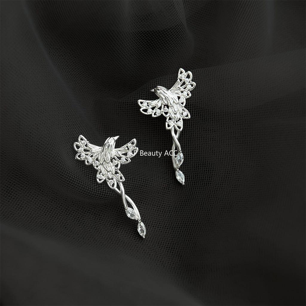 A廠-原創鳳舞~微鑲鋯石925銀針鍍厚銀鳳凰鳥耳環女輕奢風個性小眾耳飾「6854」25.10-3