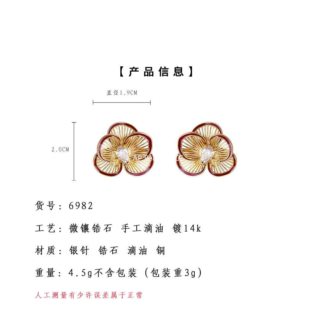 A廠-時尚高級感爆款酒紅色滴釉鑲嵌鋯石立體大花朵耳飾S925銀針耳環女「6982」25.10-5