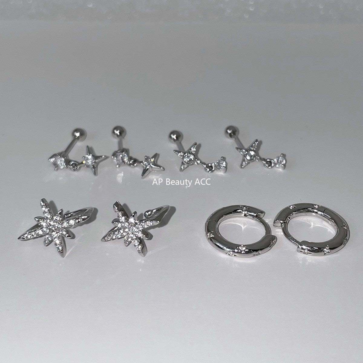 C廠-925銀針四芒星耳環女小眾設計百搭鋯石耳圈高級感個性疊戴風耳飾「EH-3972」25.10-5
