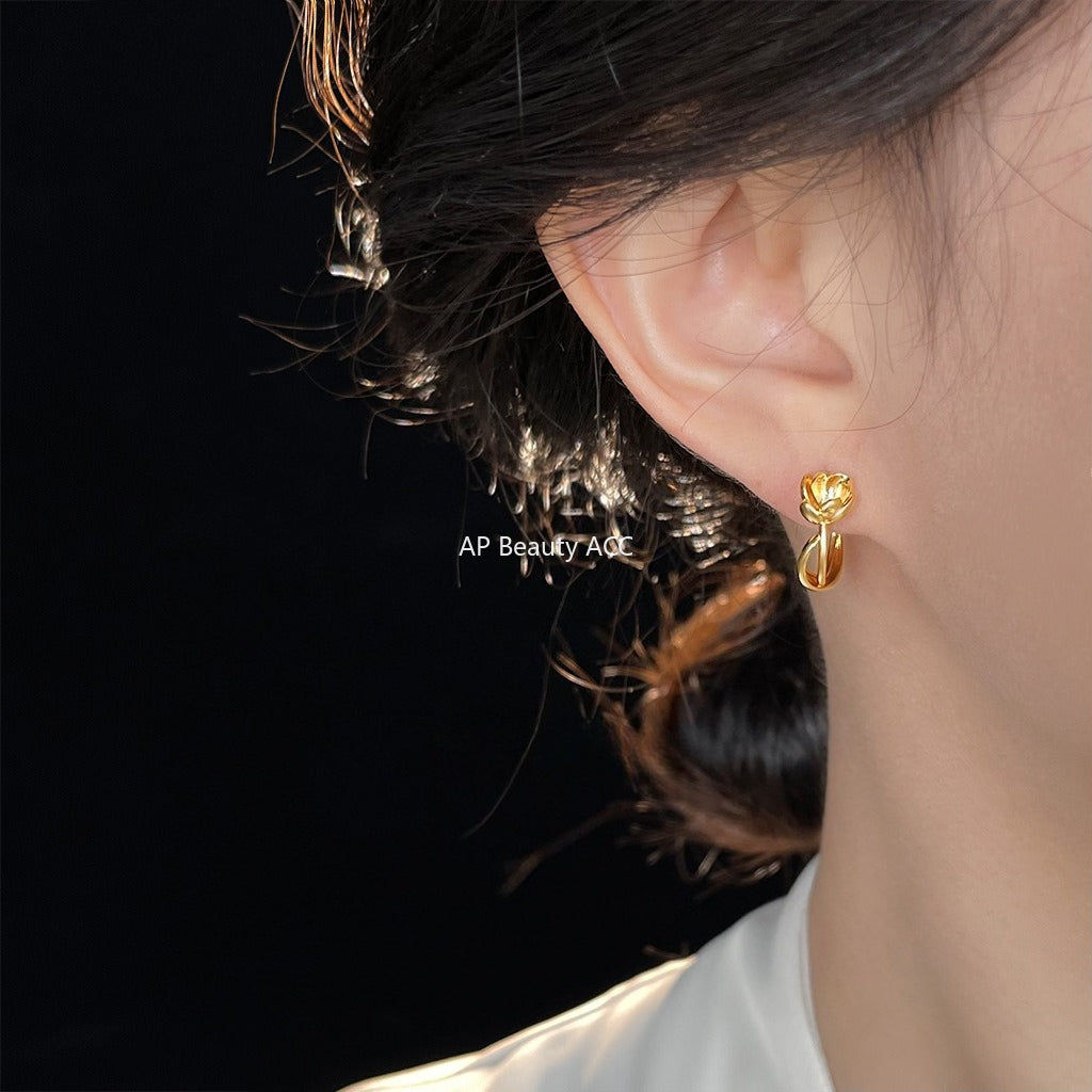 A廠-原創蓮花~極簡主義925銀針時尚通勤簡約高級感新款花朵耳飾女耳釘「6694」25.10-1