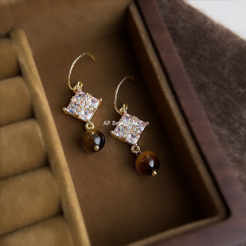 A廠-微鑲鋯石秋冬新款天然石虎眼石美拉德風時尚高級感耳飾工廠耳環女「6874」25.10-1