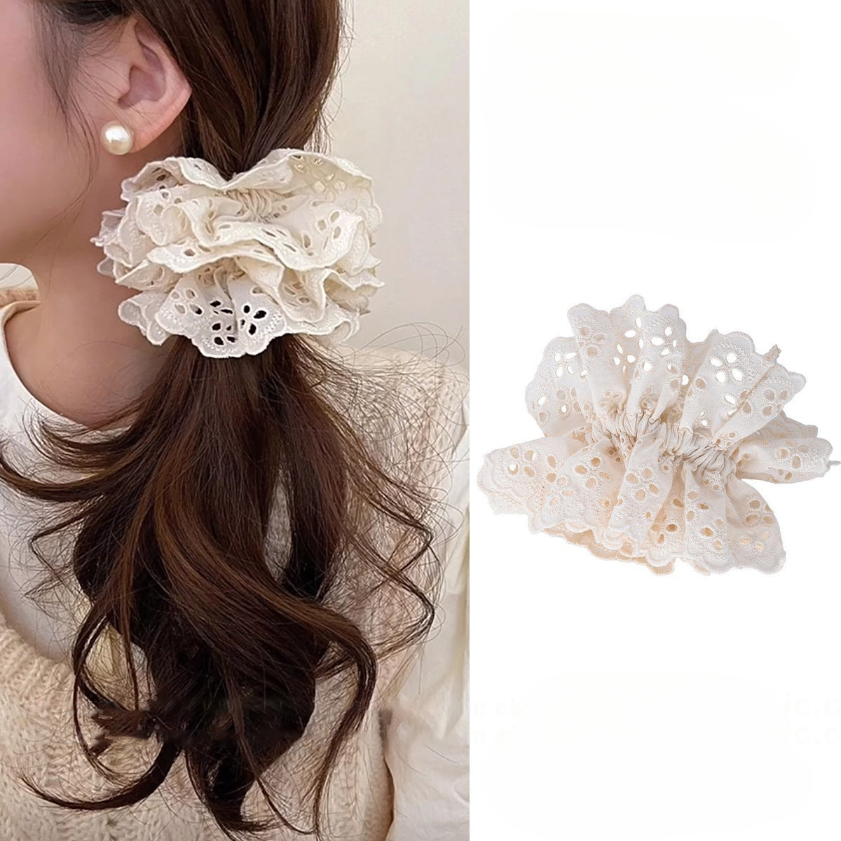 E廠-趙露思同款白色紅色蕾絲大腸髮圈女韓系高級感頭繩頭花髮飾頭飾「27091」25.06-3