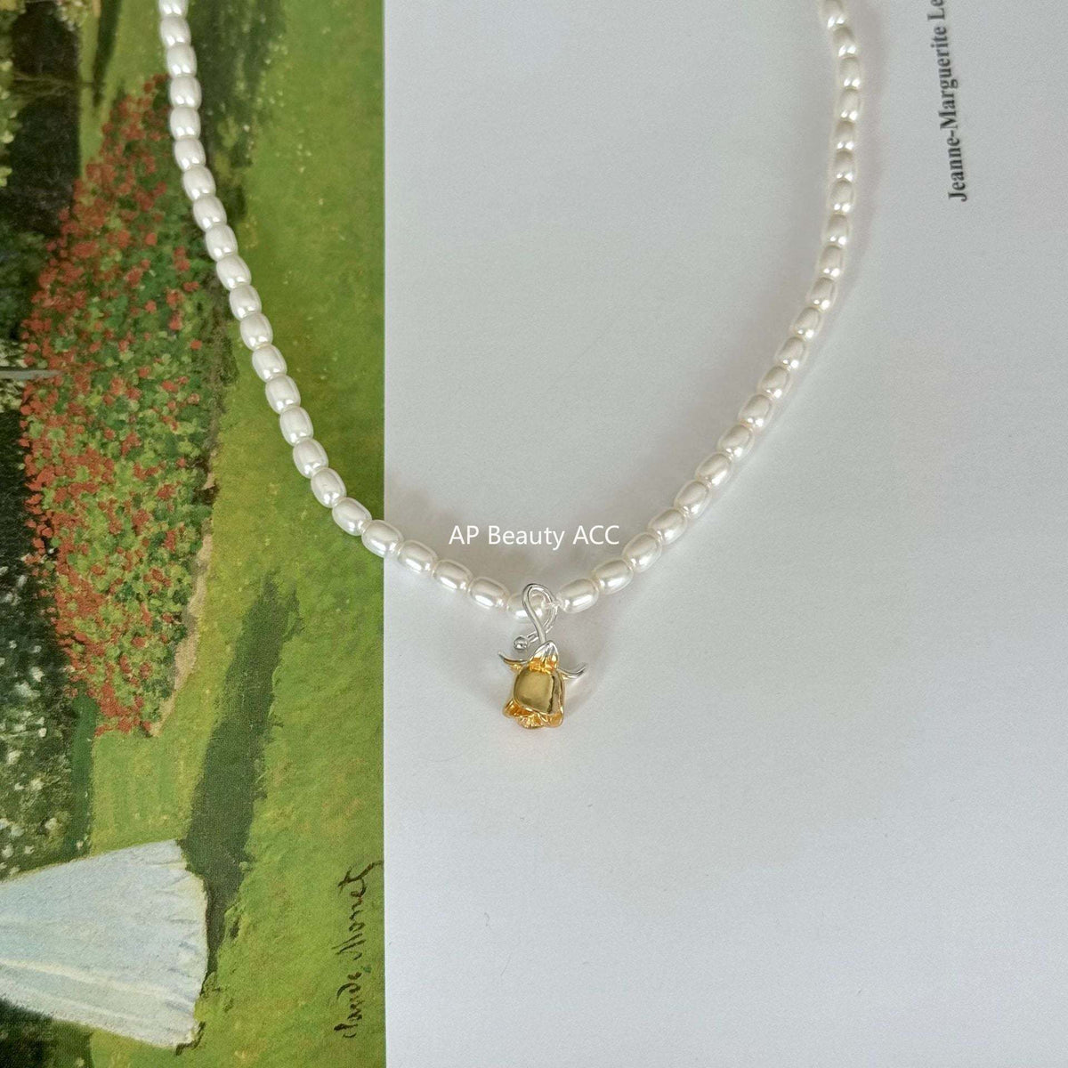 F廠-小眾輕奢法式風925純銀玫瑰花水晶珍珠項鍊女珍珠鎖骨鏈「B917」25.10-5