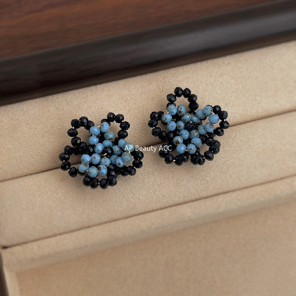 A廠-原創設計秋冬霧霾藍手工編織花朵耳環高級感小眾設計新款耳飾「6861」25.10-1