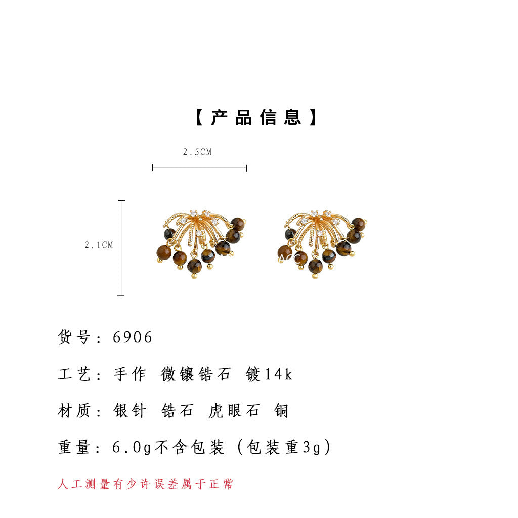 A廠-美拉德風虎眼石微鑲鋯石925銀針煙火流蘇天然石耳飾工廠耳環 飾品「6906」25.10-2