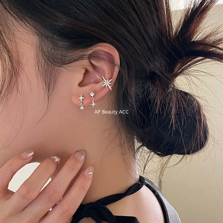 C廠-925銀針四芒星耳環女小眾設計百搭鋯石耳圈高級感個性疊戴風耳飾「EH-3972」25.10-5