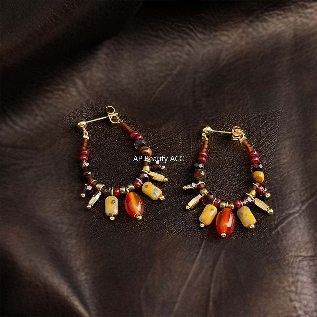 A廠-捷克琉璃手工設計感虎眼石天然石玻璃水晶新款民族風耳飾耳環「6969」25.10-5