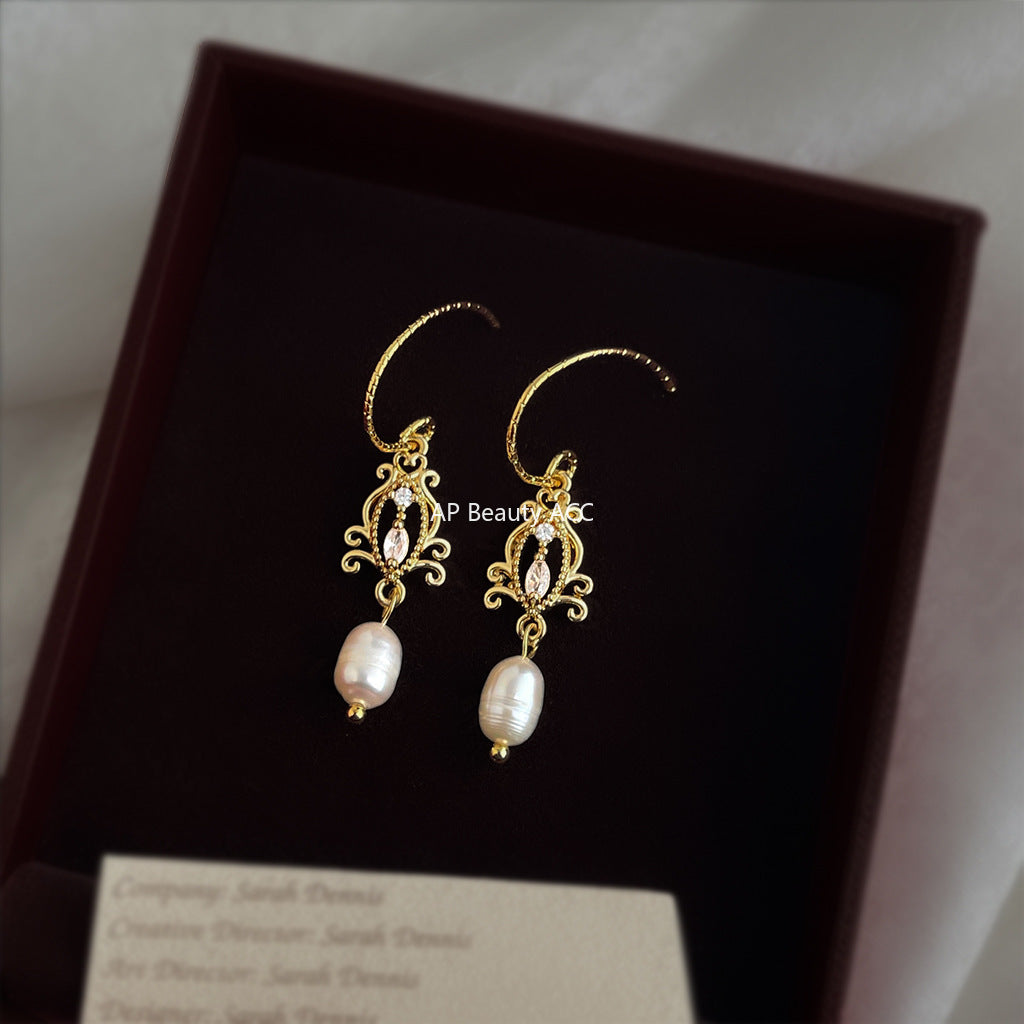 A廠-淡水珍珠微鑲鋯石文藝復古宮廷風新款鏤空法式耳環新款耳飾「6893」25.10-2