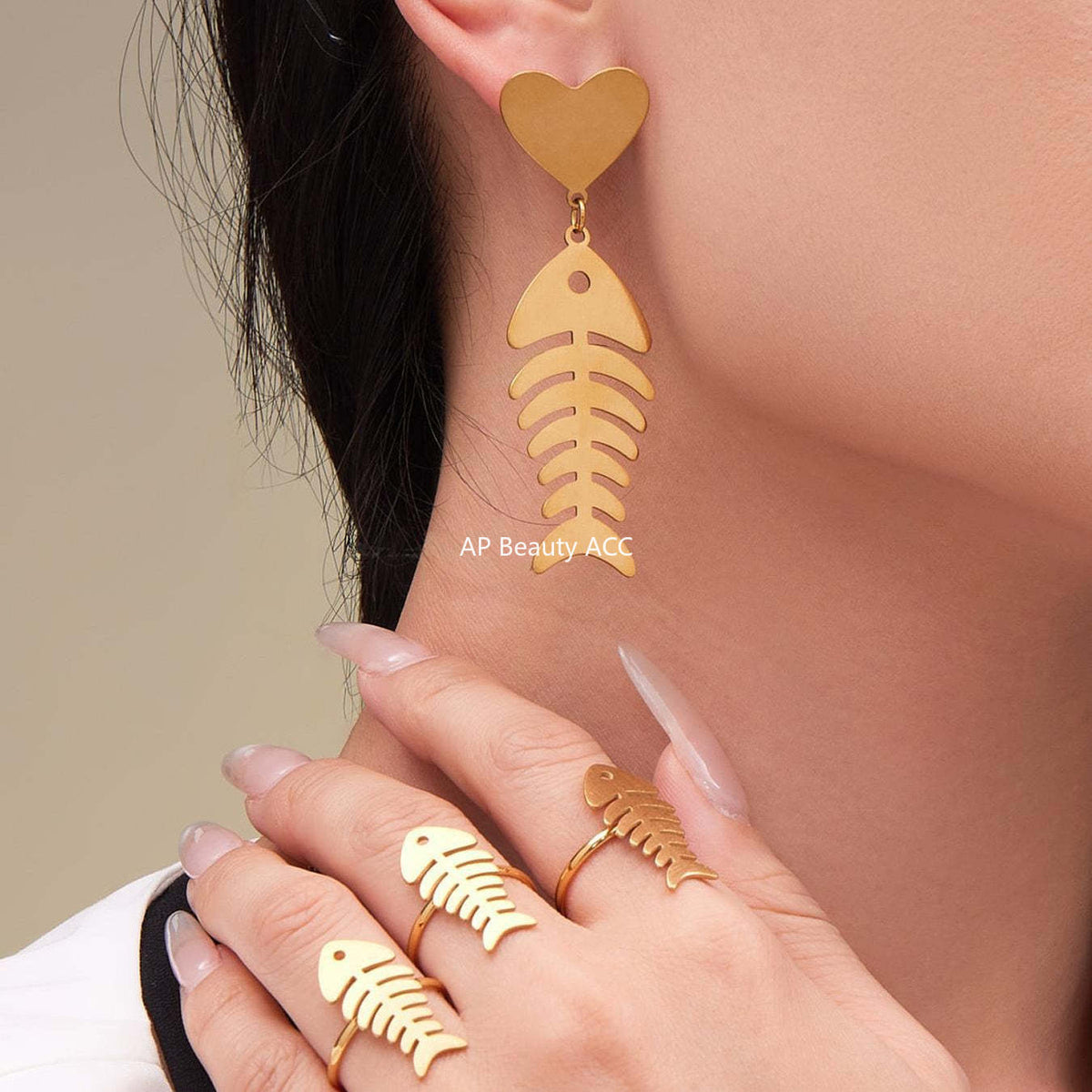 B廠-不鏽鋼18k鍍金魚骨愛心項鍊耳環戒指歐美氣質珠寶首飾套裝「TXP459」25.10-5