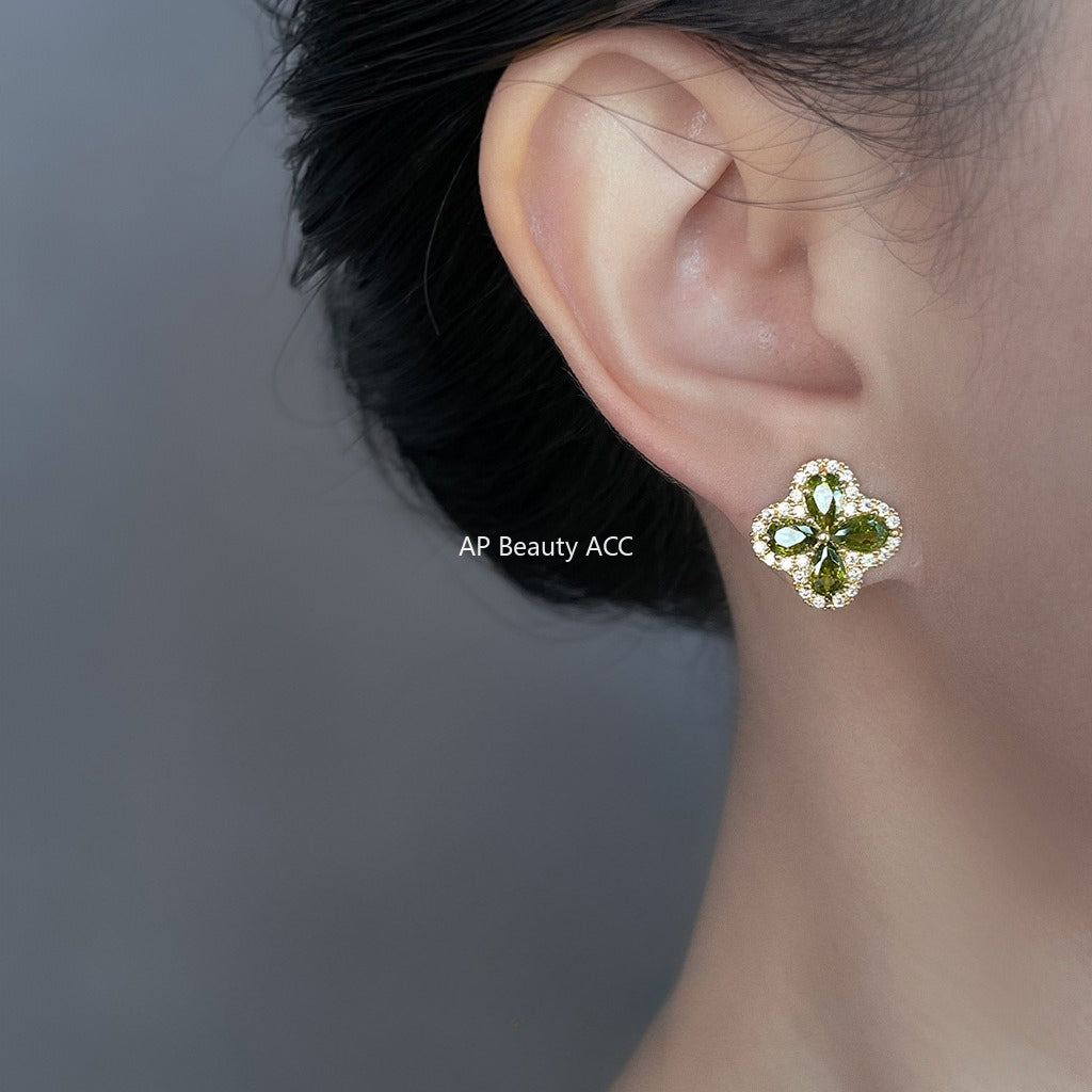 A廠-高級感微鑲鋯石橄欖綠925銀針時尚通勤日常新款百搭耳釘「6829」25.10-1
