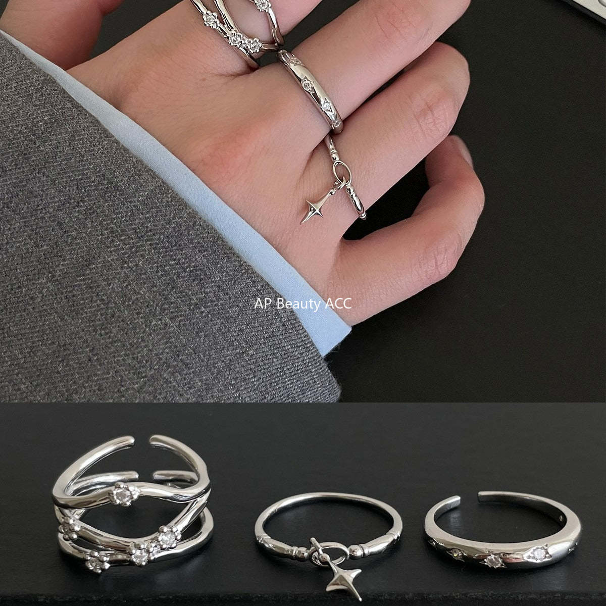 C廠-時尚個性冷淡風星星吊墜純銀戒指女小眾輕奢疊戴風多層鋯石食指戒「JZ-0720」25.10-5