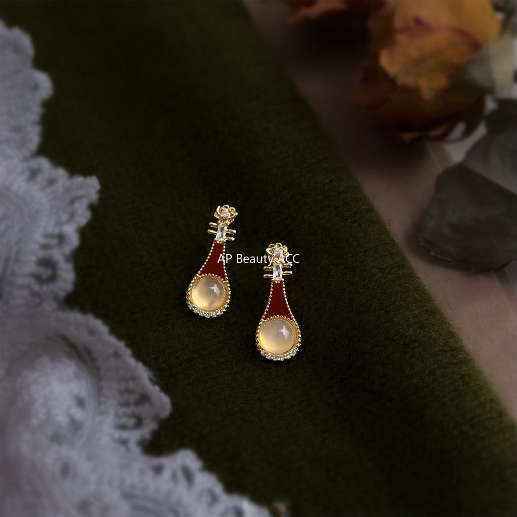 A廠-原創琵琶~瑪瑙文藝氣質微鑲鋯石925銀針琺瑯滴釉酒紅色耳釘耳飾女「6836」25.10-3