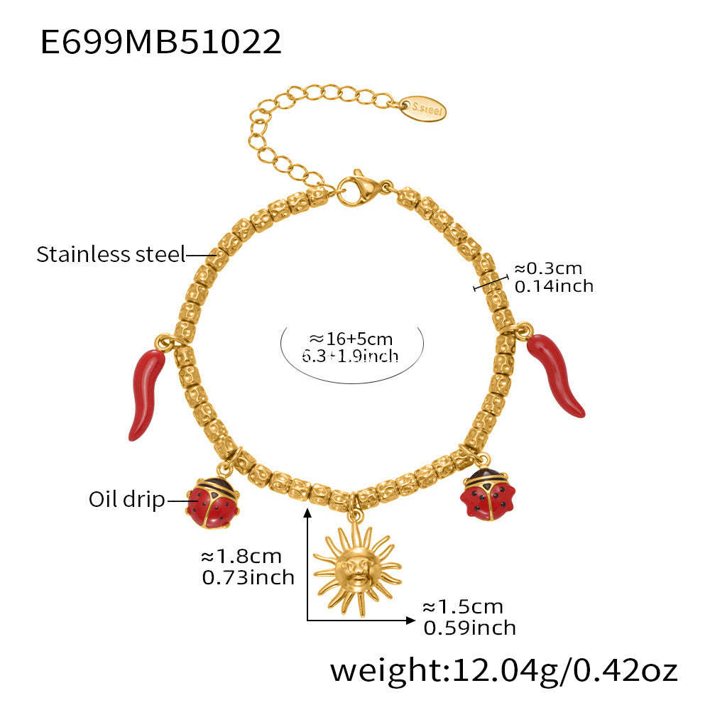 B廠-跨境新款不鏽鋼小辣椒太陽多配件壓紋鋼珠手鍊組合鍍18k金「E699-E700」25.10-5