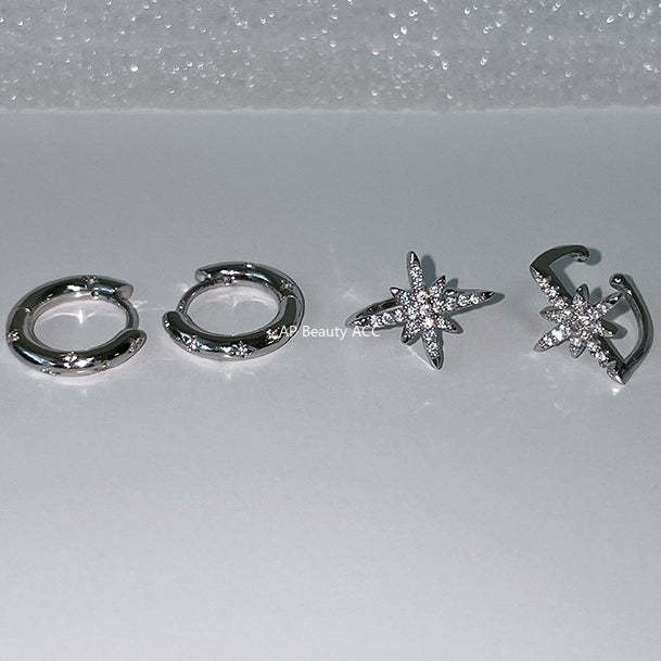 C廠-925銀針四芒星耳環女小眾設計百搭鋯石耳圈高級感個性疊戴風耳飾「EH-3972」25.10-5