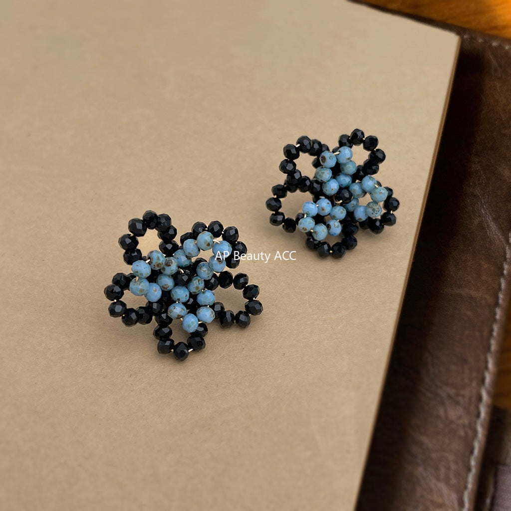 A廠-原創設計秋冬霧霾藍手工編織花朵耳環高級感小眾設計新款耳飾「6861」25.10-1