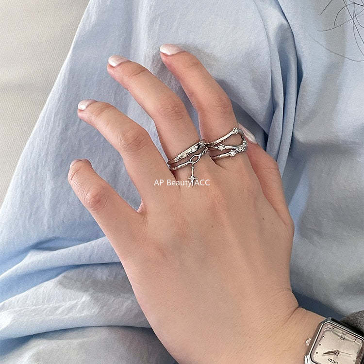 C廠-時尚個性冷淡風星星吊墜純銀戒指女小眾輕奢疊戴風多層鋯石食指戒「JZ-0720」25.10-5