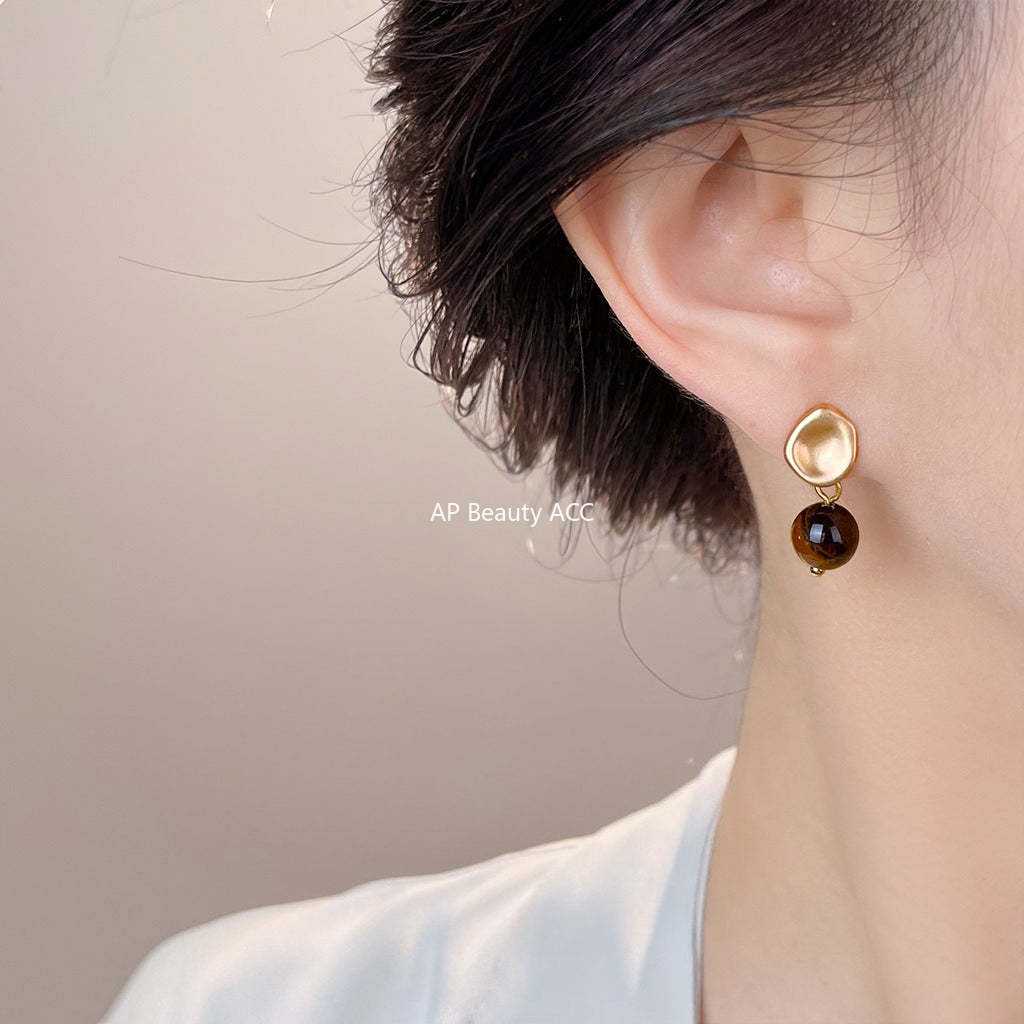 A廠-文藝復古天然石虎眼石925銀針時尚高級感簡約圓形幾何耳飾 耳環女「6994」25.10-5