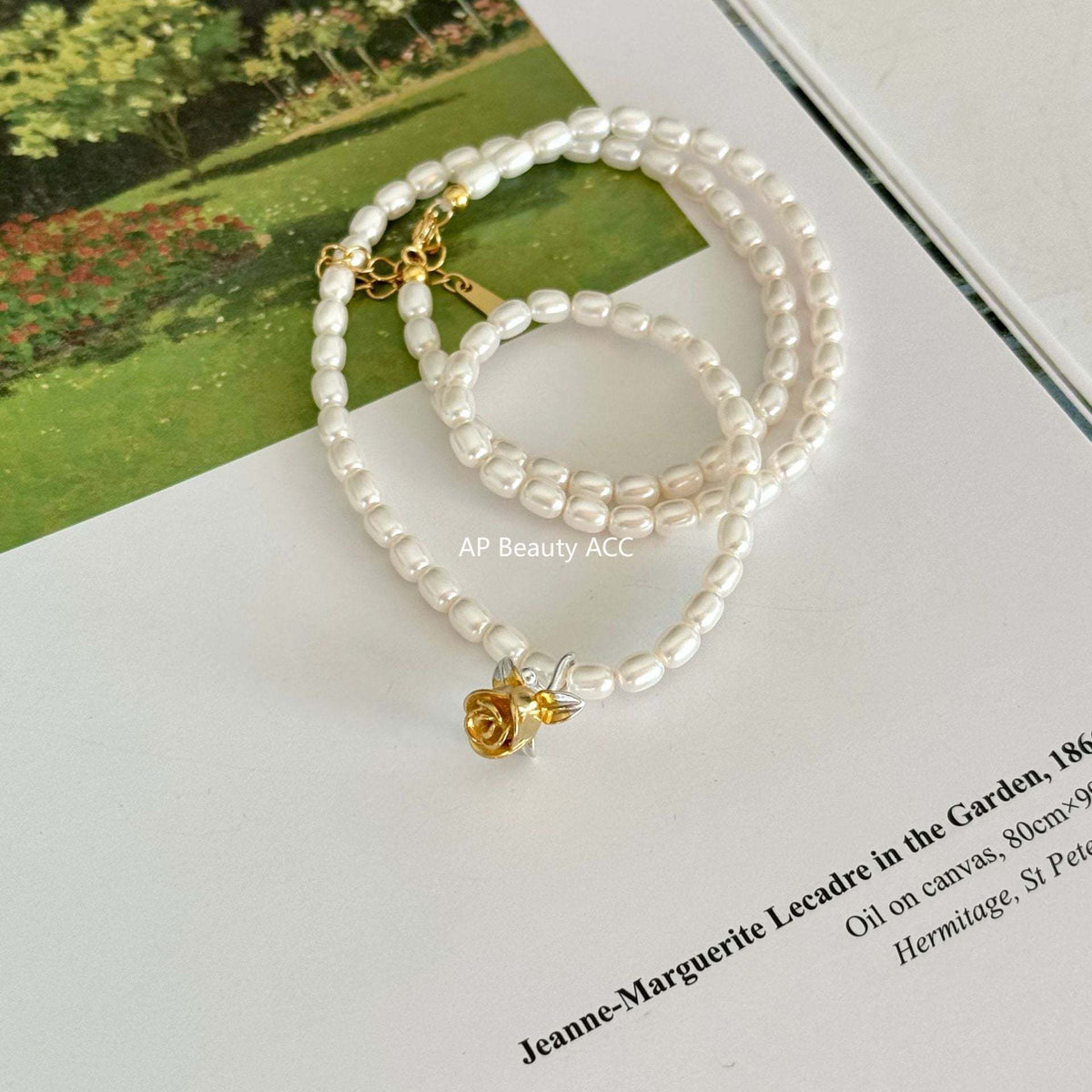 F廠-小眾輕奢法式風925純銀玫瑰花水晶珍珠項鍊女珍珠鎖骨鏈「B917」25.10-5