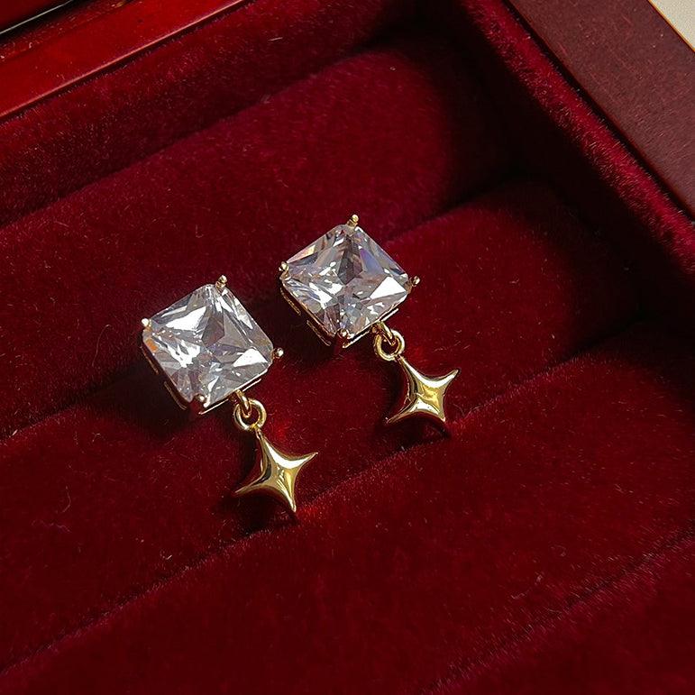 A廠-實物很閃! 925銀針鍍14K方形幾何鋯石星星耳環高級感優雅耳環「5040」24.10-4