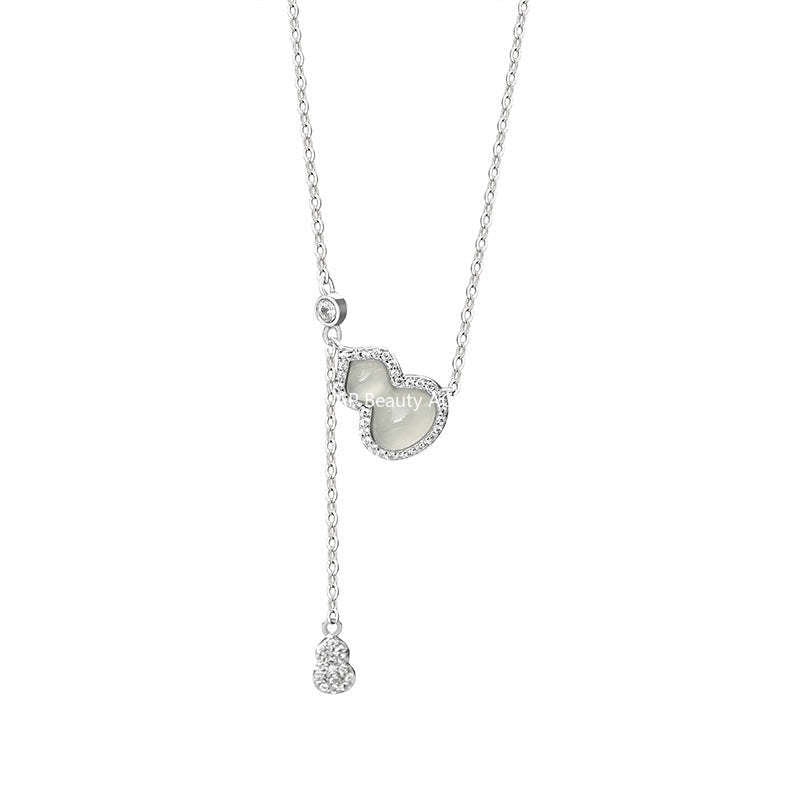 D廠-S925純銀葫蘆玉髓流蘇項鍊簡約百搭高級吊墜新中式鎖骨鏈批發「YC2023N_1」25.10-5