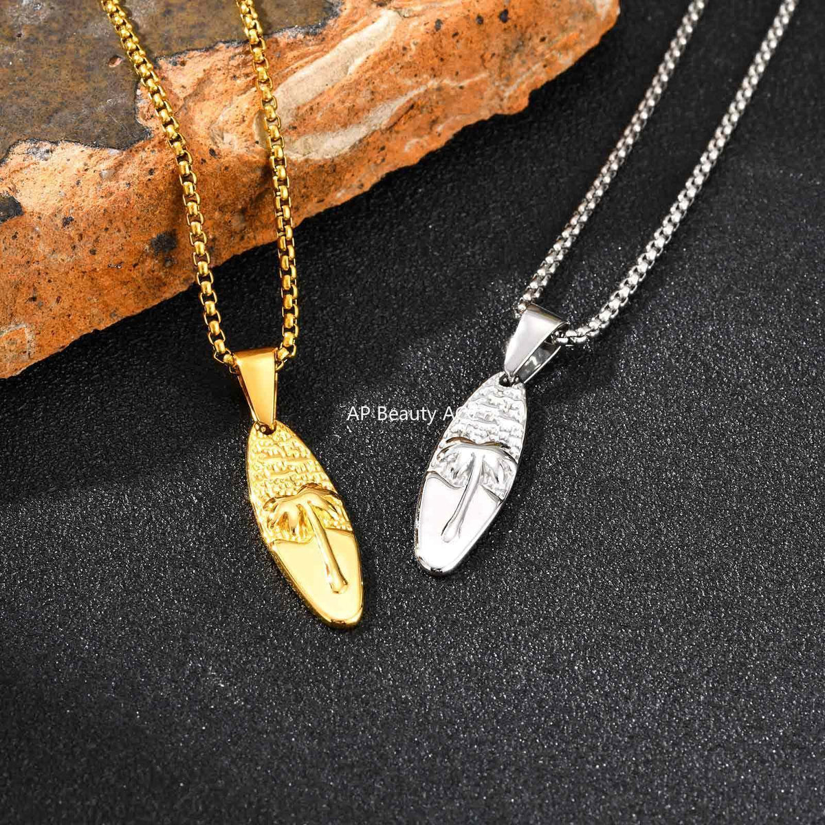 G廠-男士休閒度假風不鏽鋼橢圓椰樹吊墜項鍊 歐美時尚飾品批發「PN-2159」25.10-5