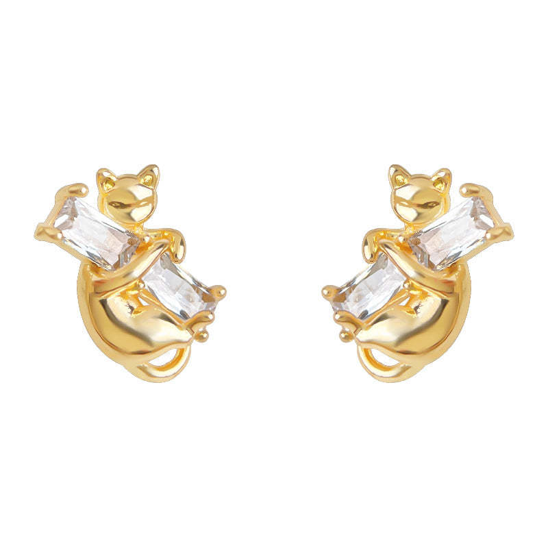 A廠-原創貓咪鑲嵌鋯石925銀針耳環高級感個性小眾ins設計師耳飾耳釘「6991」25.10-5