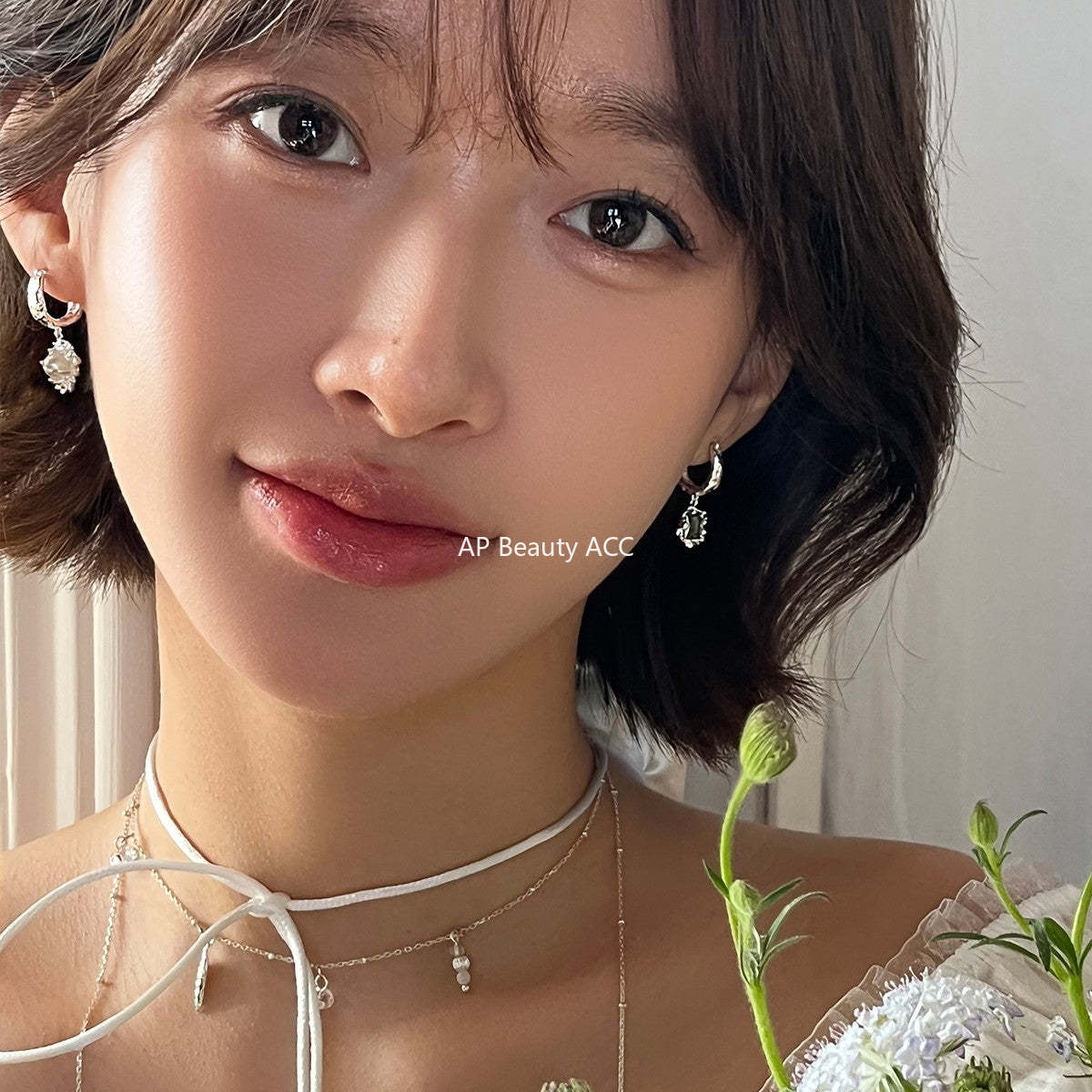 C廠-新中式墨綠鋯石銀針耳環小香風高級感不對稱珍珠耳扣輕奢氣質耳飾「EH-4120」25.10-5