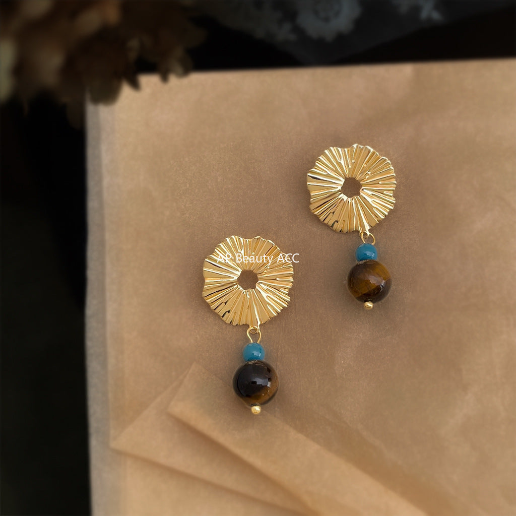 A廠-文藝復古時尚高級感天然石虎眼石小眾設計個性新款耳環「6873」25.10-1