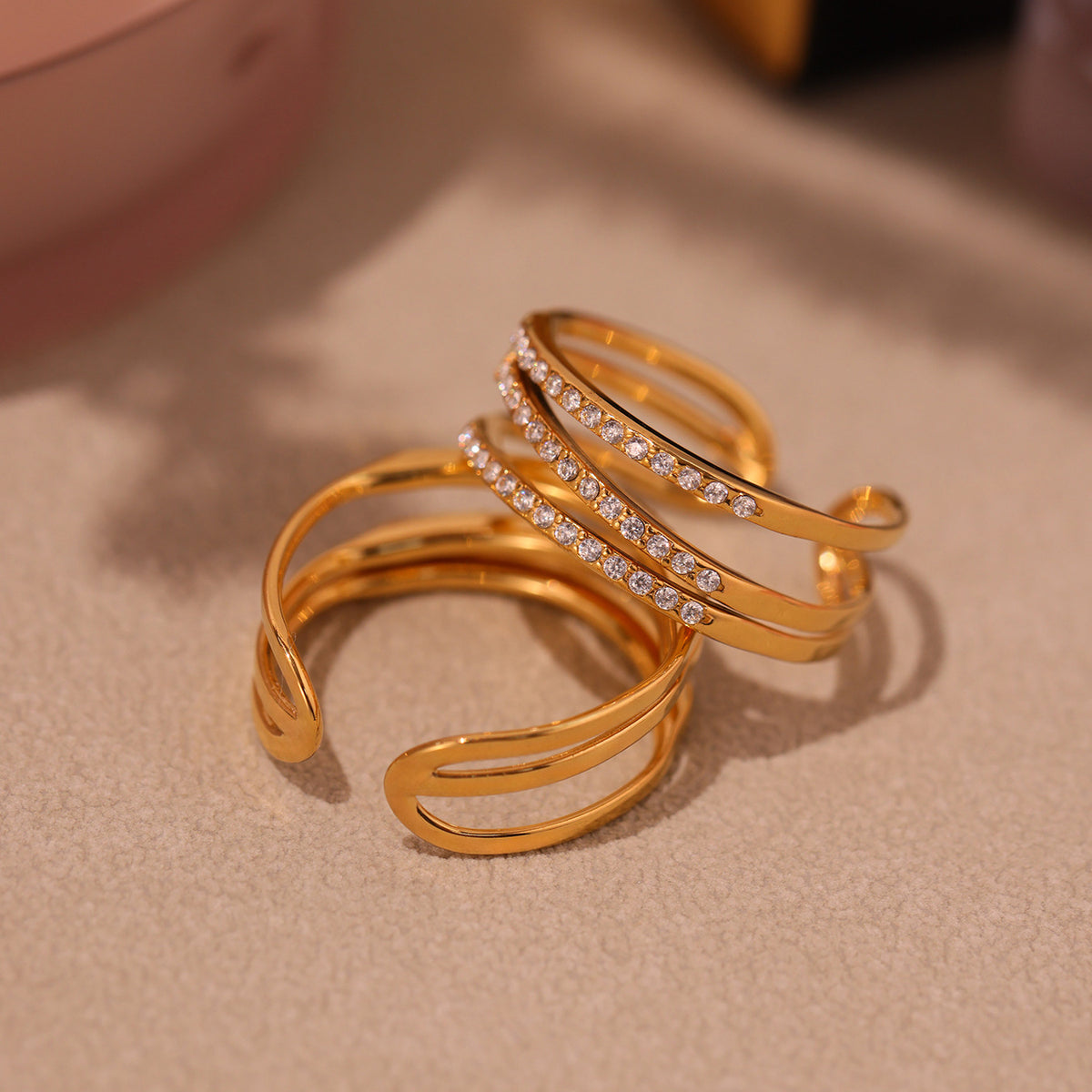 B廠-5A鋯石超細三層戒指不鏽鋼真空電鍍18K真金開口可調節飾品「A035-A043」25.04-4