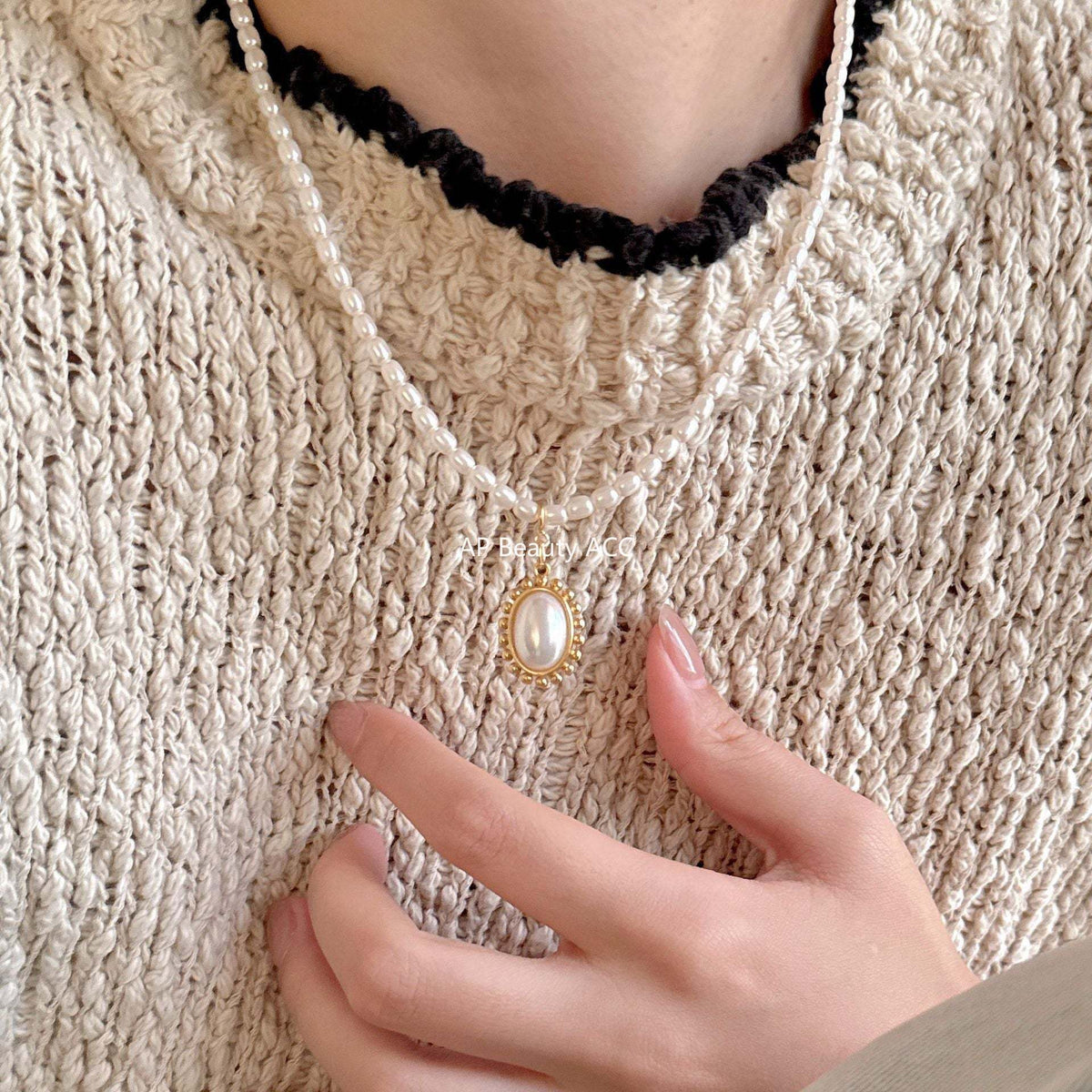 F廠-韓國韓版飾品925純銀人造水晶玻璃珍珠吊墜項鍊頸鏈「B878」25.10-5