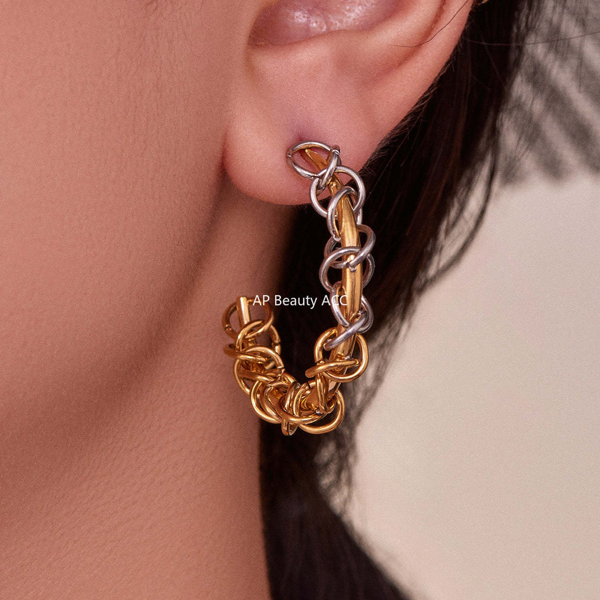 B廠-不鏽鋼嘻哈環扣纏繞C型拼色間電耳環歐美小眾耳飾鍍18k真金「F677」25.10-5