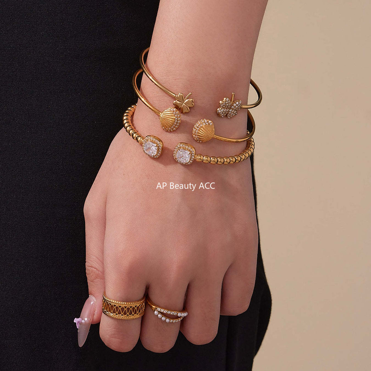 B廠-超閃5A鋯石鋼珠開口彈力繩手鐲不鏽鋼材質鍍18k真金不掉色「Z503-Z504-Z505」25.10-5