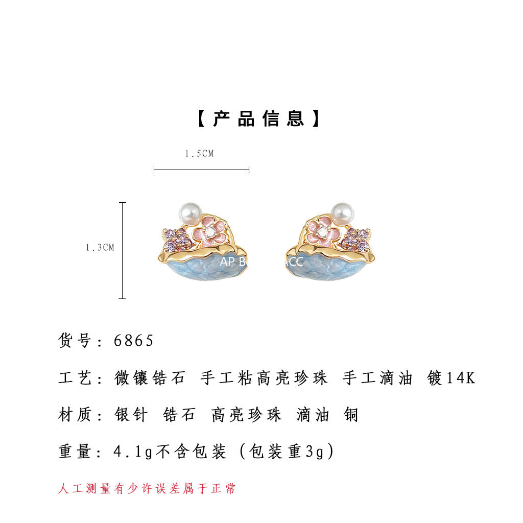 A廠-【花籃】原創森系清新甜美琺瑯滴釉彩繪花朵新款耳飾工廠耳環飾品「6865」25.10-1