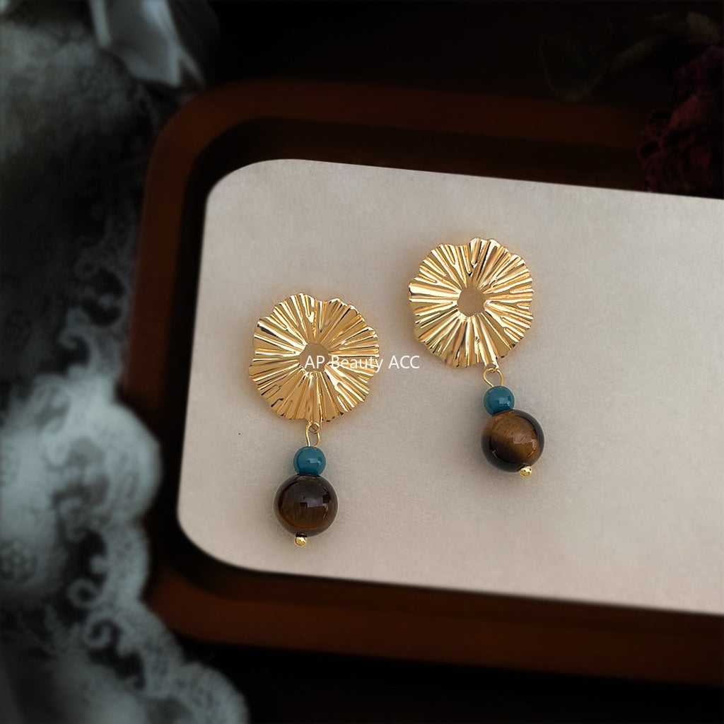 A廠-文藝復古時尚高級感天然石虎眼石小眾設計個性新款耳環「6873」25.10-1