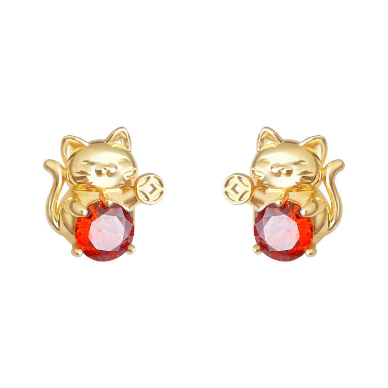 A廠-原創找財貓! 925銀針鑲嵌鋯石個性小眾設計趣味貓咪耳環 耳飾工廠「6990」25.10-5