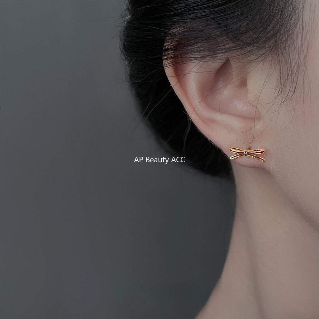 A廠-時尚簡約輕奢風高級感925銀針迷你小巧酒紅色蝴蝶結通勤耳飾 耳釘「6909」25.10-2