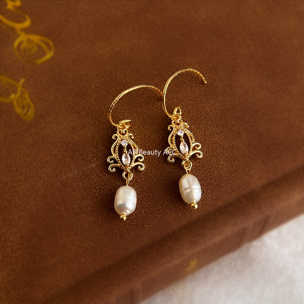A廠-淡水珍珠微鑲鋯石文藝復古宮廷風新款鏤空法式耳環新款耳飾「6893」25.10-2