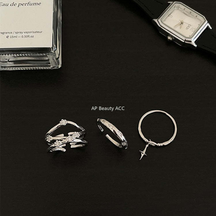 C廠-時尚個性冷淡風星星吊墜純銀戒指女小眾輕奢疊戴風多層鋯石食指戒「JZ-0720」25.10-5