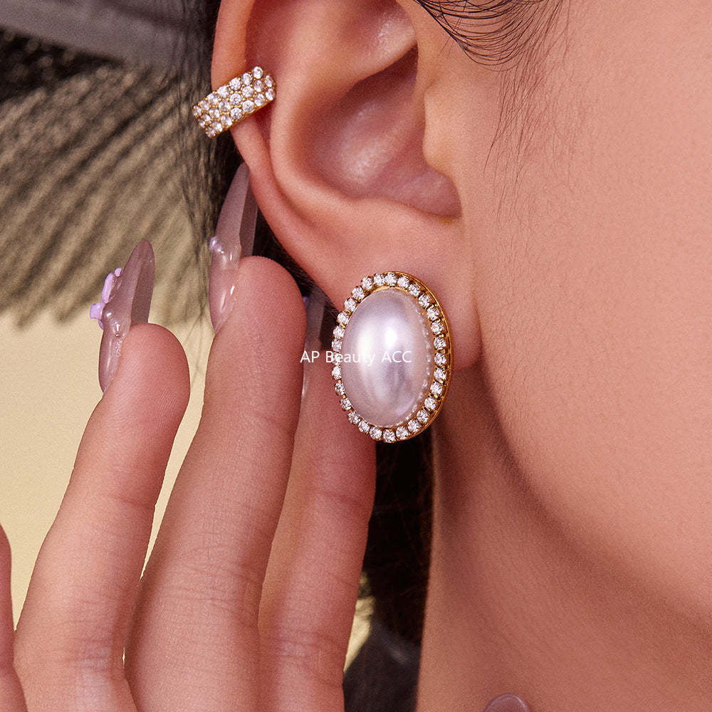 B廠-小眾設計感橢圓形貝珠鋯石耳環不鏽鋼鍍18k金跨境珠寶首飾「F793-F983」25.10-5