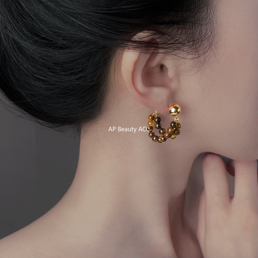 A廠-冬日赴約~虎眼石美拉德風秋冬爆款前後戴新款手工天然石耳飾 耳環「6920」25.10-3