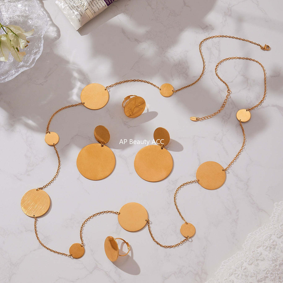 B廠-歐美簡約不鏽鋼大小圓圈項鍊耳環戒指套裝鍍18k金珠寶首飾「TXP458」25.10-5