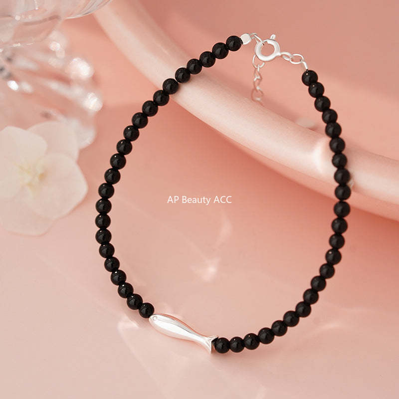 D廠-S999足銀小魚黑瑪瑙手鍊個性創意可愛ins韓風溫柔手飾批發「YC5314SL_1」25.10-5