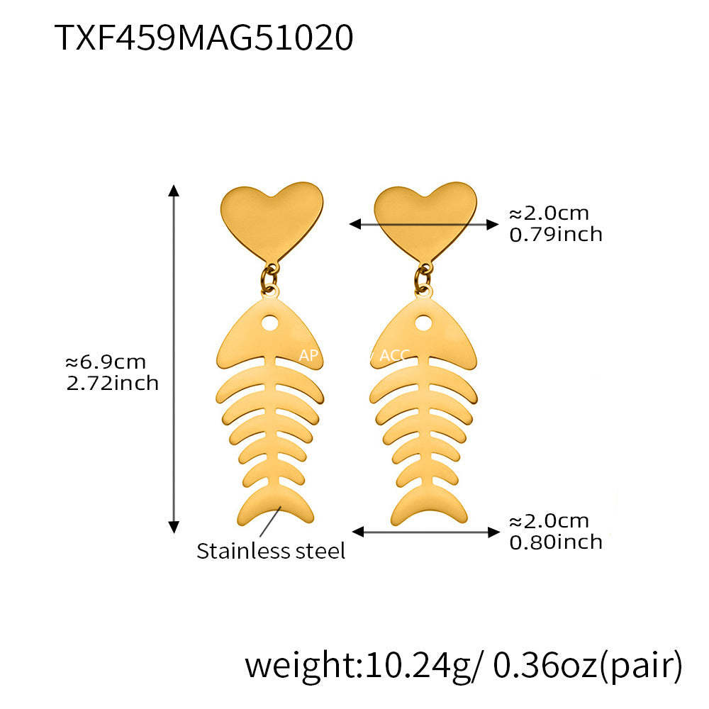 B廠-不鏽鋼18k鍍金魚骨愛心項鍊耳環戒指歐美氣質珠寶首飾套裝「TXP459」25.10-5