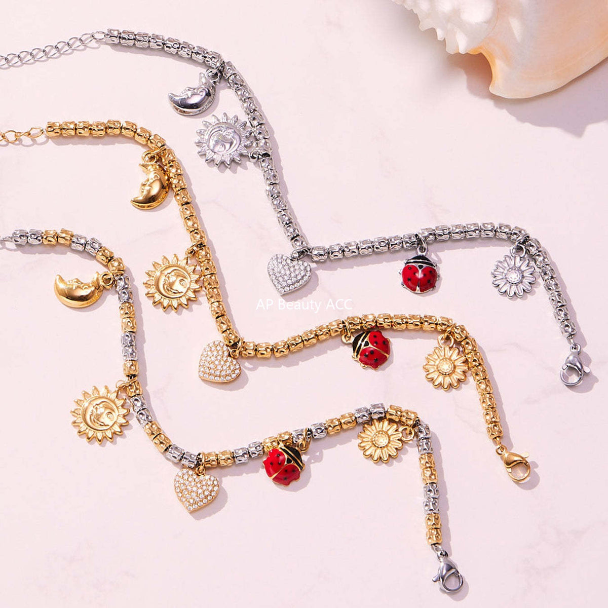 B廠-不鏽鋼滿鑽愛心DIY多配件吊墜壓紋鋼珠手鍊鍍18k真金不掉色「E696-E697-E698」25.10-5