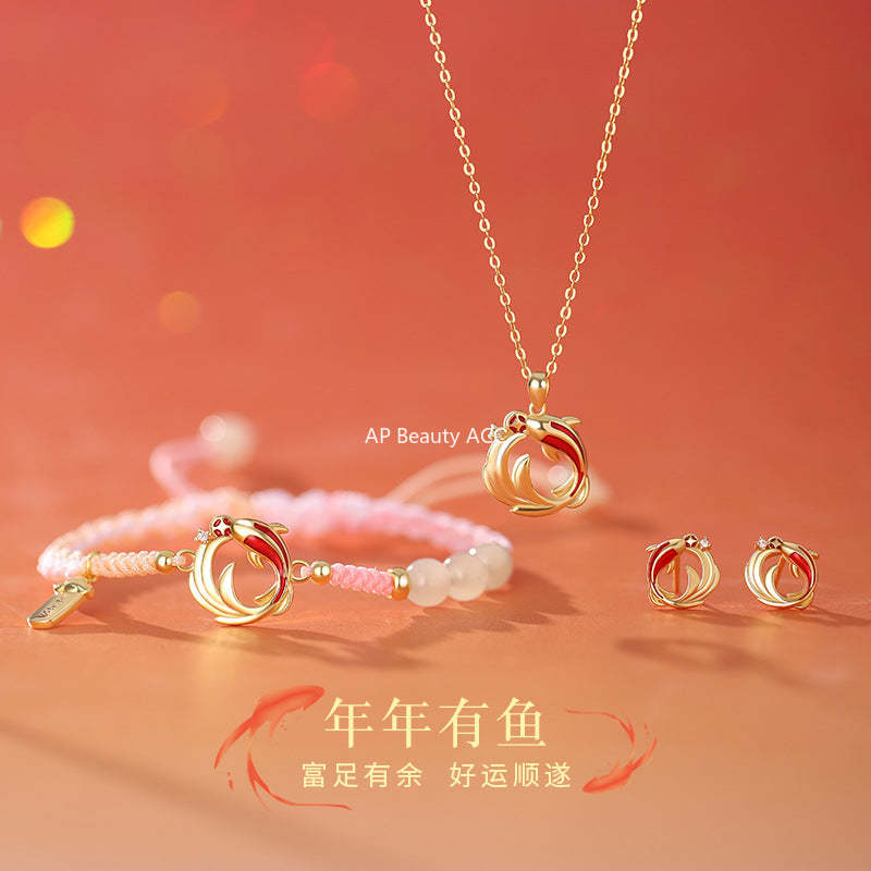 D廠-原創S999足銀年年有魚雙錦鯉耳環新年和田玉手鍊鎖骨鍊「YC4802SL_1 YC3241N_1 YC2728E_1」25.10-5