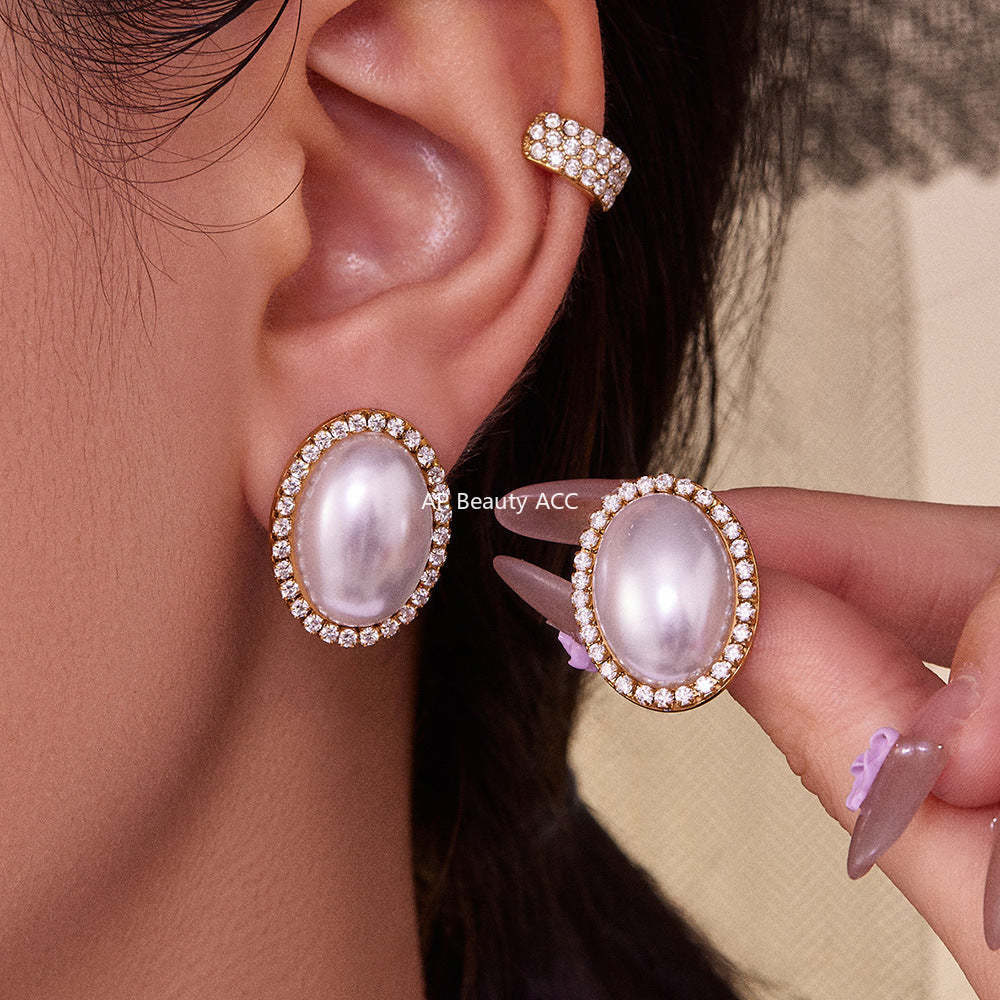 B廠-小眾設計感橢圓形貝珠鋯石耳環不鏽鋼鍍18k金跨境珠寶首飾「F793-F983」25.10-5