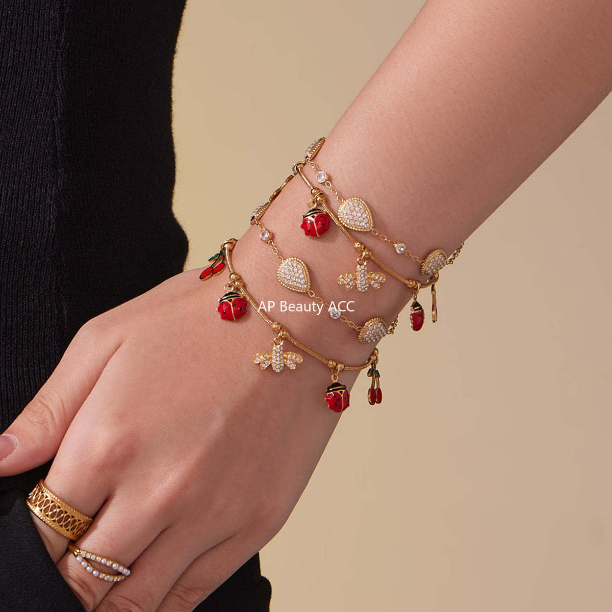 B廠-超閃5A鋯石蜜蜂昆蟲DIY多吊墜手鍊可愛櫻桃不鏽鋼材質飾品「E130-E160」25.10-5