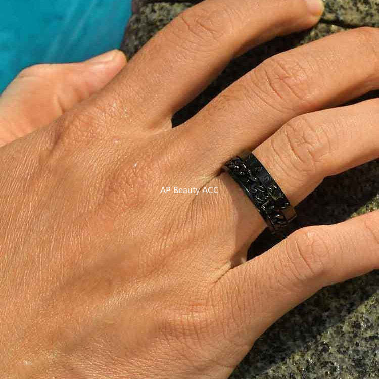 G廠-歐美時尚新款不鏽鋼維京盧恩文鏈條可轉動戒指金色「R-651」25.10-5