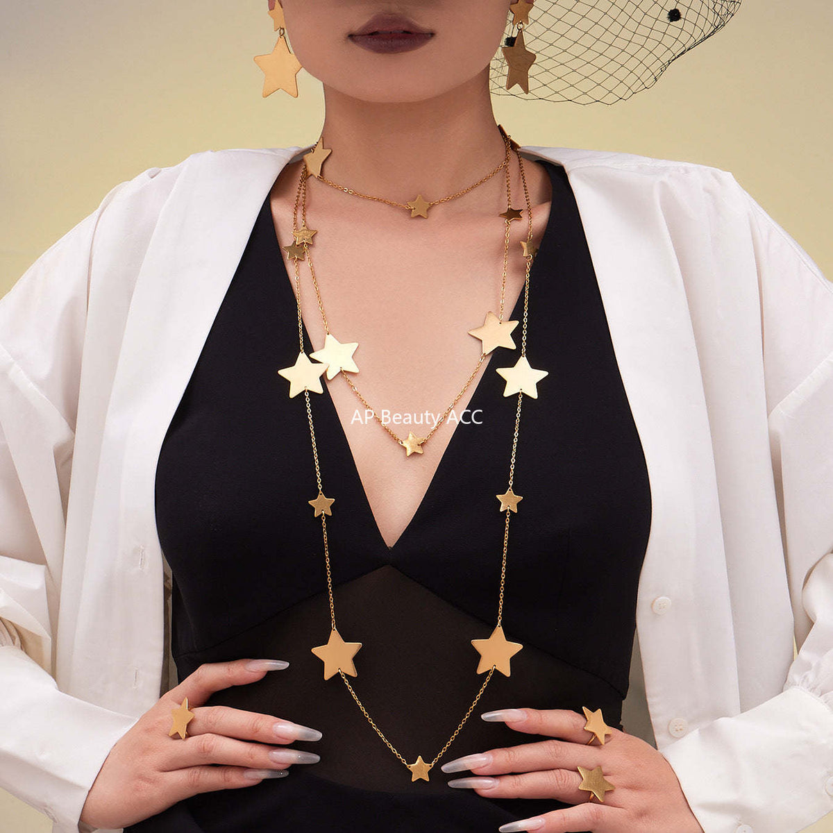 B廠-法式浪漫自然星星形狀戒指耳環毛衣項鍊套裝不鏽鋼鍍18k金「TXP457」25.10-5